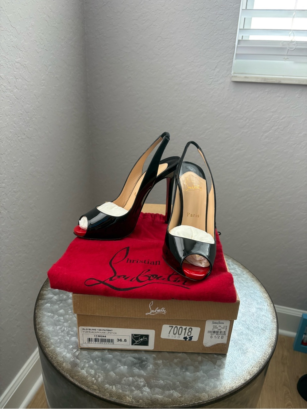 Christian Louboutin Black Patent Peep-Toe Slingback Heels with Red Soles